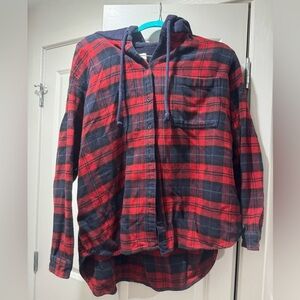 American Eagle Red and Navy Plaid Hooded Jacket
